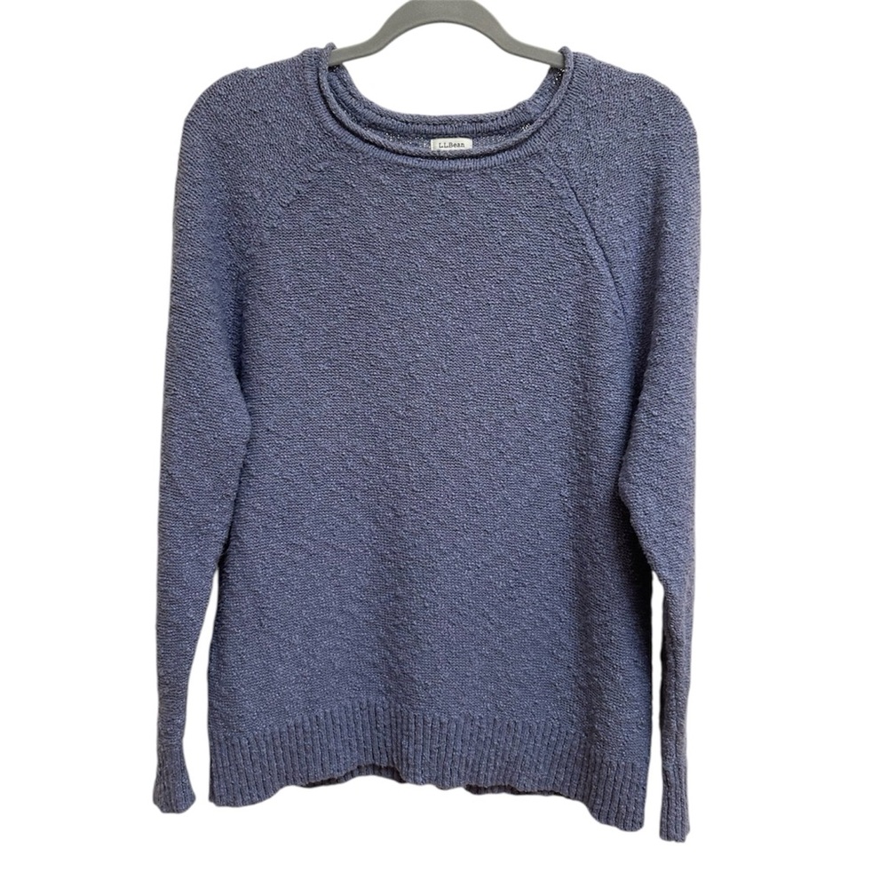 VTG LL Bean Sweater Womens L Petite Blue 100% Cotton Knit Pullover Raglan